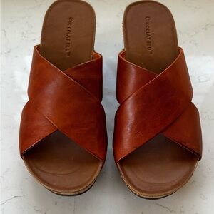 Chocolat Blu Cognac Brown Leather Crisscross Slide Mules